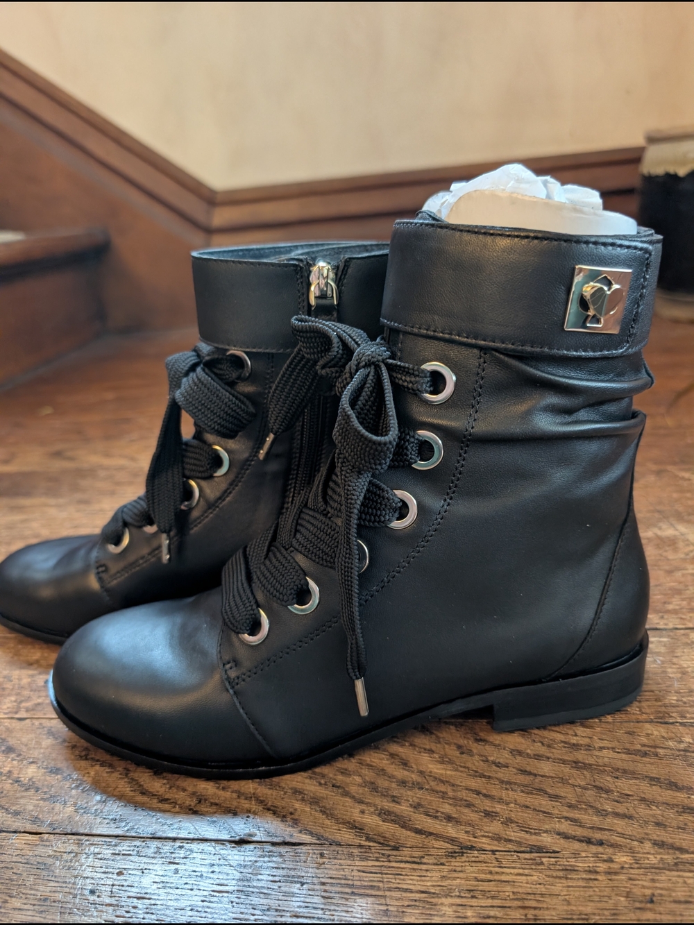 kate spade Black Nappa Leather Lace-Up Combat Ankle Boots